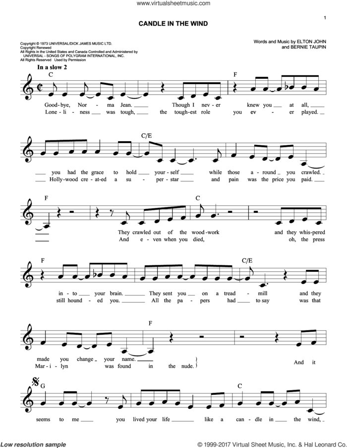 Candle In The Wind sheet music for voice and other instruments (fake book) by Elton John and Bernie Taupin, easy skill level