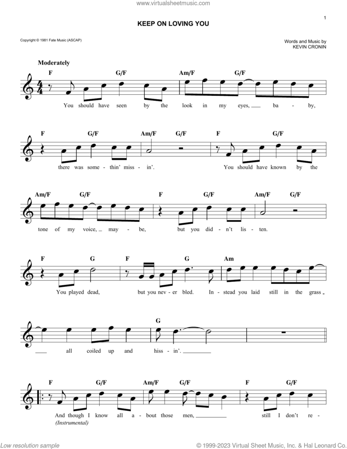 Keep On Loving You sheet music for voice and other instruments (fake book) by REO Speedwagon and Kevin Cronin, easy skill level