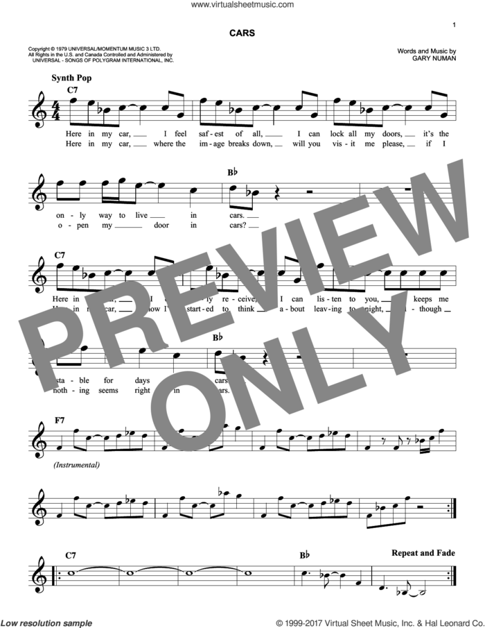 Cars sheet music for voice and other instruments (fake book) by Gary Numan, easy skill level