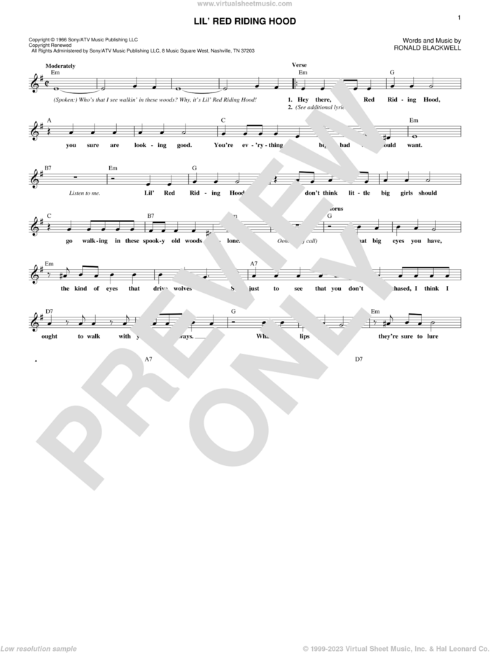 Lil' Red Riding Hood sheet music for voice and other instruments (fake book) by Sam The Sham & The Pharoahs and Ronald Blackwell, intermediate skill level