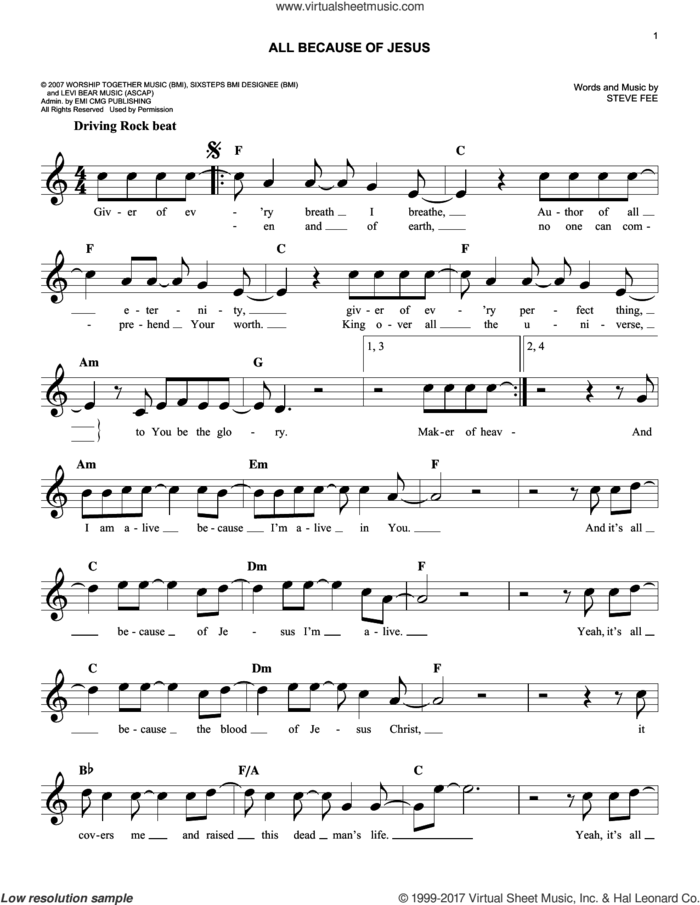 All Because Of Jesus sheet music for voice and other instruments (fake book) by Casting Crowns and Steve Fee, easy skill level