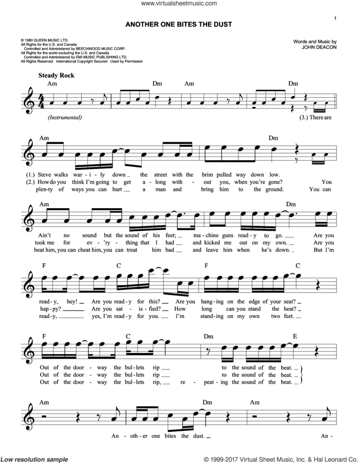 Another One Bites The Dust sheet music for voice and other instruments (fake book) by Queen and John Deacon, easy skill level