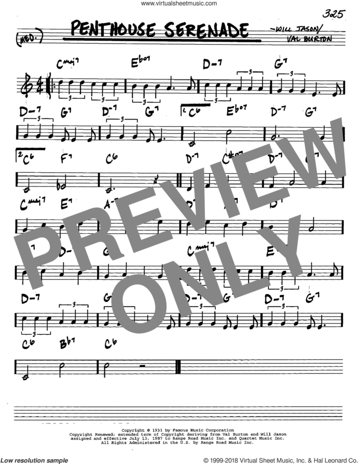 Penthouse Serenade sheet music for voice and other instruments (in C) by Nat King Cole, Val Burton and Will Jason, intermediate skill level