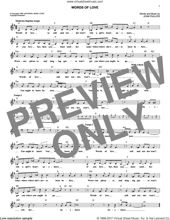 Words Of Love sheet music for voice and other instruments (fake book) by The Mamas & The Papas and John Phillips, intermediate skill level