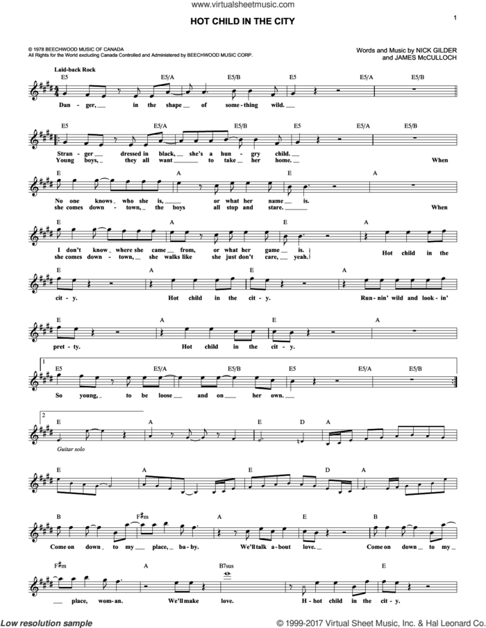 Hot Child In The City sheet music for voice and other instruments (fake book) by Nick Gilder and James McCulloch, intermediate skill level