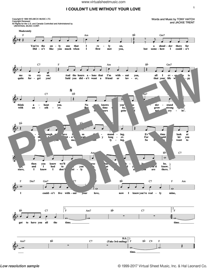 I Couldn't Live Without Your Love sheet music for voice and other instruments (fake book) by Petula Clark, Jackie Trent and Tony Hatch, intermediate skill level