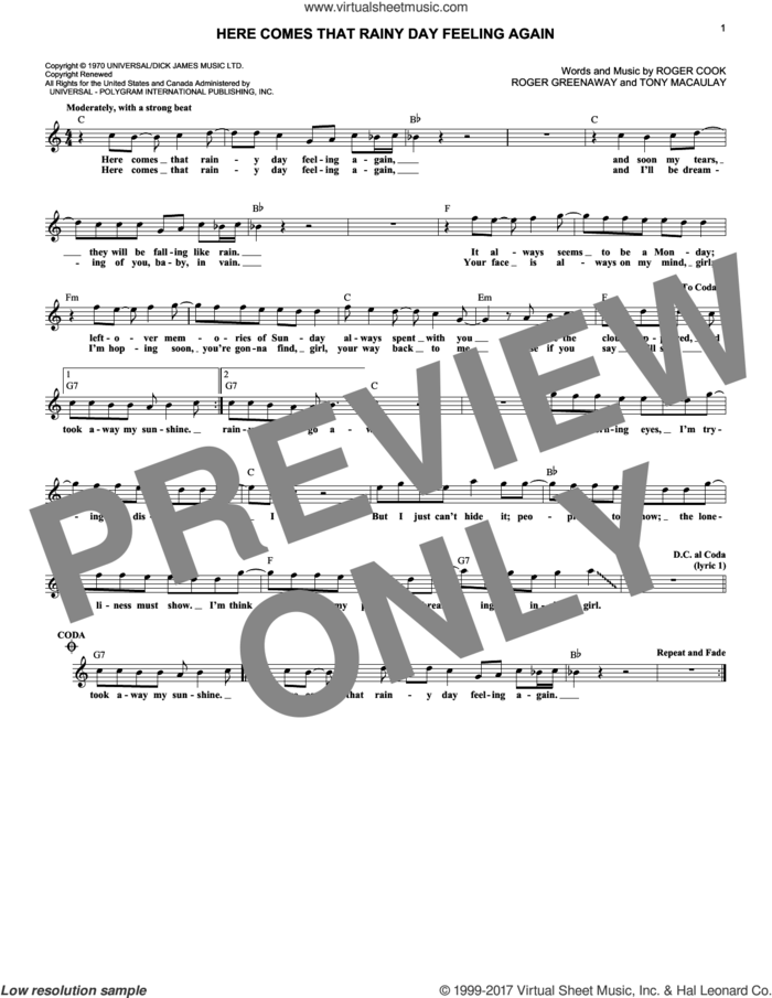Here Comes That Rainy Day Feeling Again sheet music for voice and other instruments (fake book) by Roger Cook, Roger Greenaway and Tony MacAuley, intermediate skill level