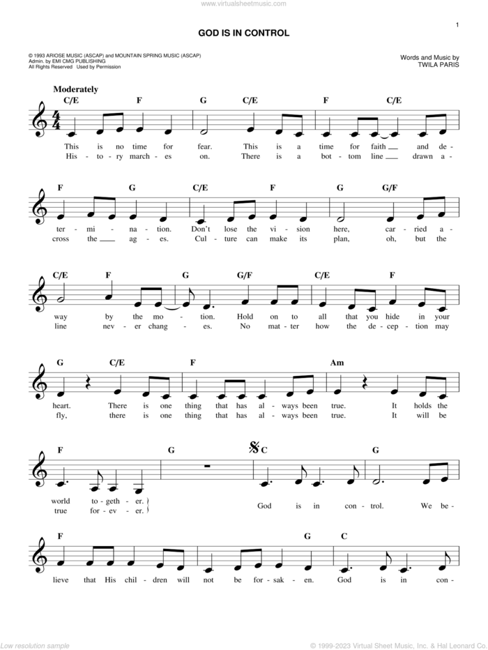 God Is In Control sheet music for voice and other instruments (fake book) by Twila Paris, intermediate skill level