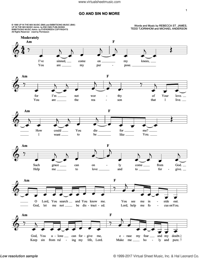 Go And Sin No More sheet music for voice and other instruments (fake book) by Rebecca St. James, Michael Anderson and Tedd Tjornhom, easy skill level