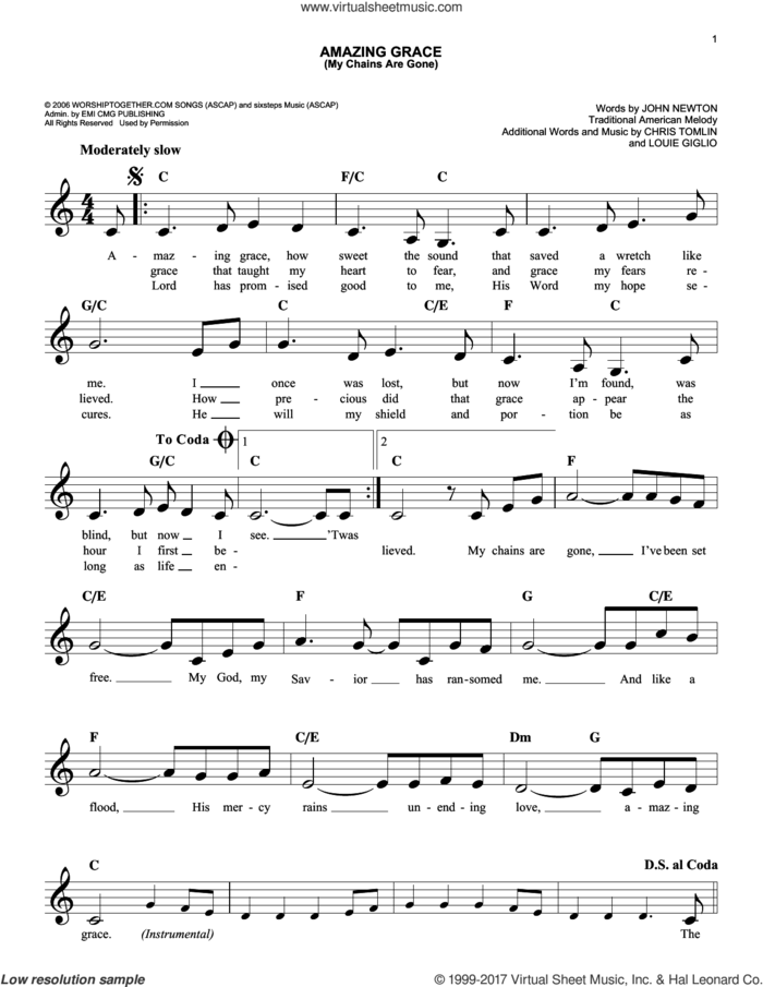 Amazing Grace (My Chains Are Gone) sheet music for voice and other instruments (fake book) by Chris Tomlin, John Newton, Louie Giglio and Miscellaneous, easy skill level