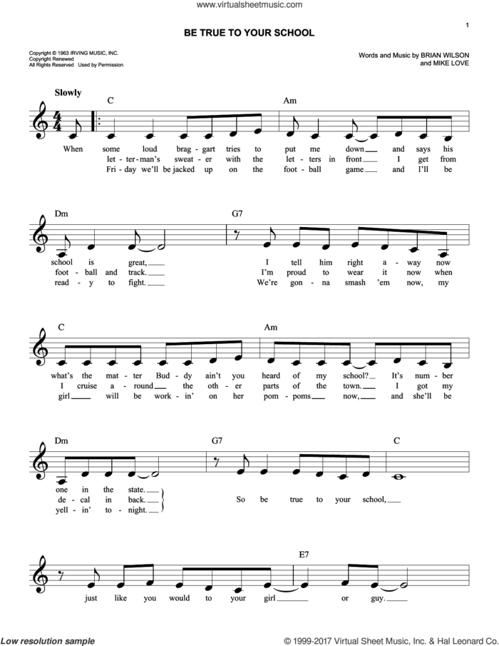 Be True To Your School sheet music for voice and other instruments (fake book) by The Beach Boys, Brian Wilson and Mike Love, easy skill level