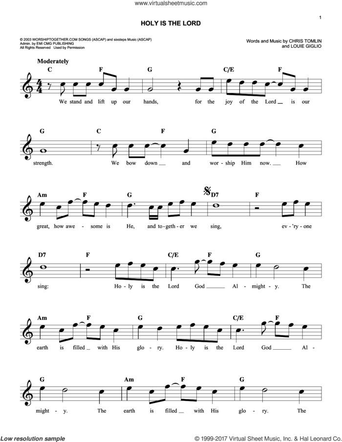 Holy Is The Lord sheet music for voice and other instruments (fake book) by Chris Tomlin, Bethany Dillon and Louie Giglio, easy skill level