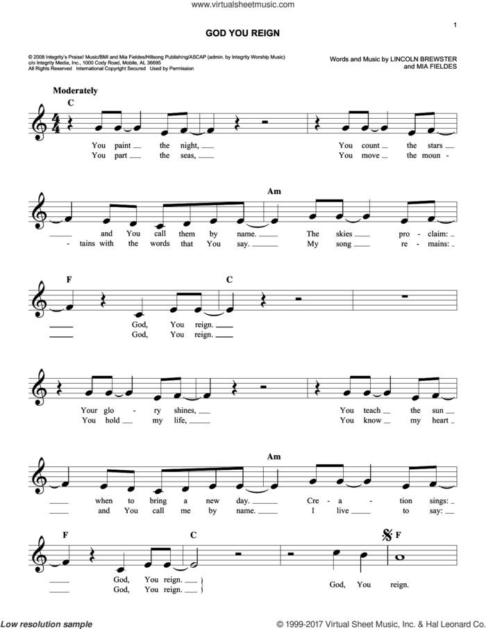 God You Reign sheet music for voice and other instruments (fake book) by Lincoln Brewster and Mia Fieldes, intermediate skill level