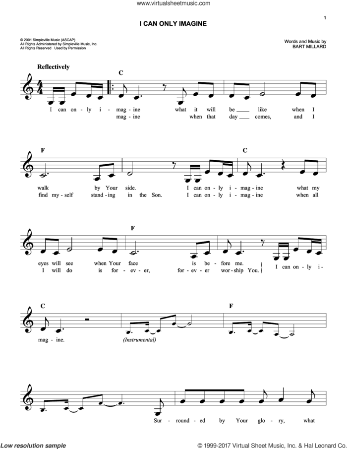 I Can Only Imagine sheet music for voice and other instruments (fake book) by Bart Millard and MercyMe, easy skill level