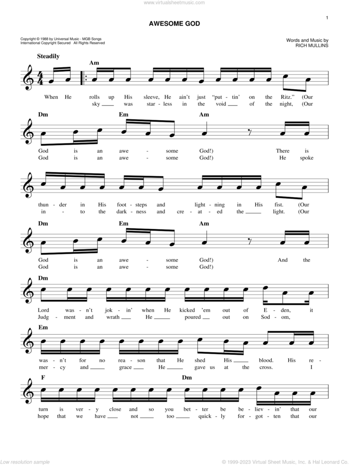 Awesome God sheet music for voice and other instruments (fake book) by Rich Mullins, intermediate skill level