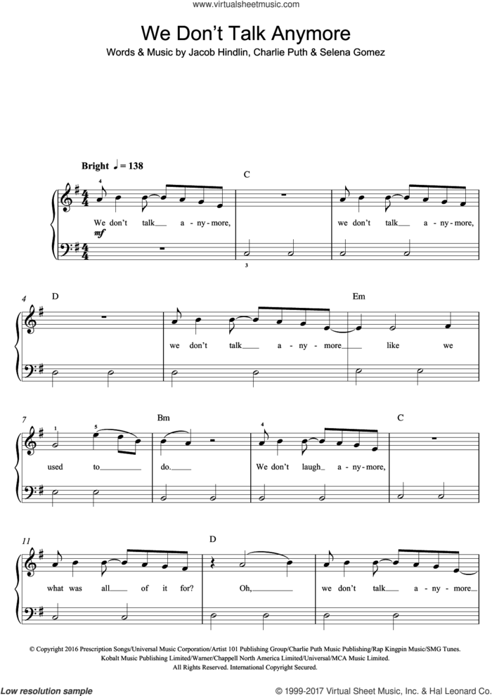 We Don't Talk Anymore (featuring Selena Gomez) sheet music for piano solo (beginners) by Charlie Puth, Jacob Hindlin and Selena Gomez, beginner piano (beginners)
