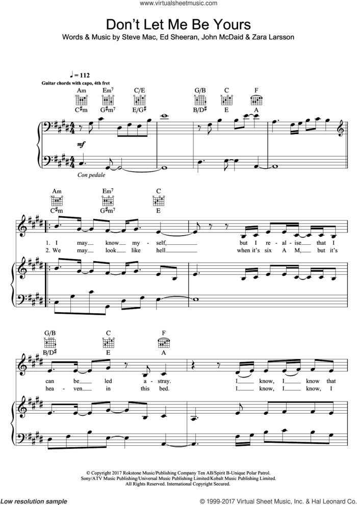Don't Let Me Be Yours sheet music for voice, piano or guitar by Zara Larsson, Ed Sheeran, John McDaid and Steve Mac, intermediate skill level