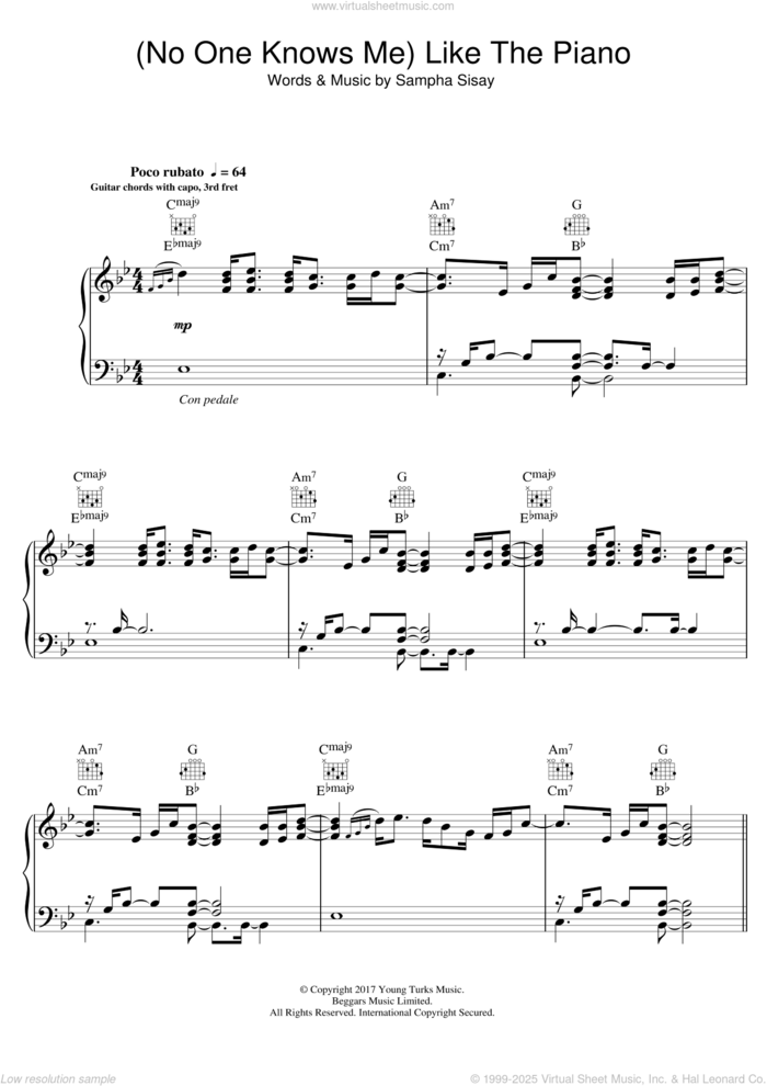 (No One Knows Me) Like The Piano sheet music for voice, piano or guitar by Sampha and Sampha Sisay, intermediate skill level