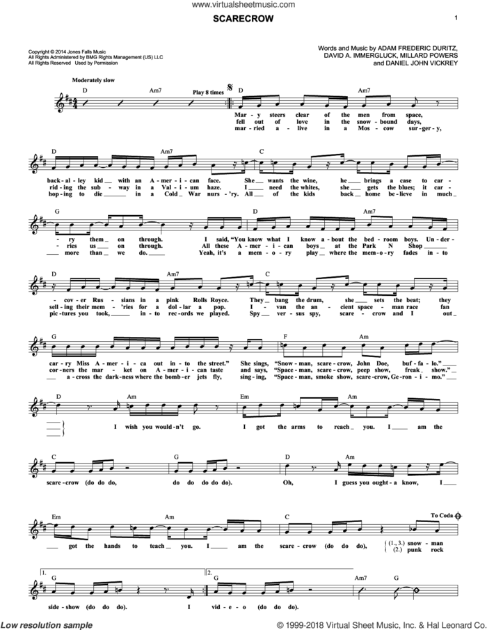 Scarecrow sheet music for voice and other instruments (fake book) by Counting Crows, Adam Frederic Duritz, Daniel John Vickrey, David A. Immergluck and Millard Powers, intermediate skill level