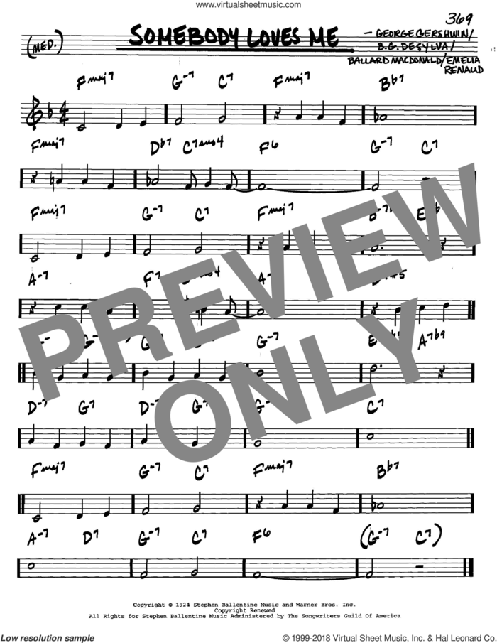 Somebody Loves Me sheet music for voice and other instruments (in C) by George Gershwin, Ballard MacDonald and Buddy DeSylva, intermediate skill level