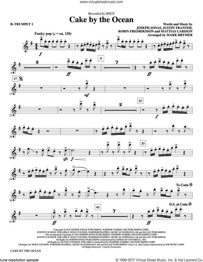 Cake by the Ocean (complete set of parts) sheet music for orchestra/band by Mark Brymer, DNCE, Joseph Jonas, Justin Tranter, Mattias Larsson, Robin Fredricksson and Robin Fredriksson, intermediate skill level