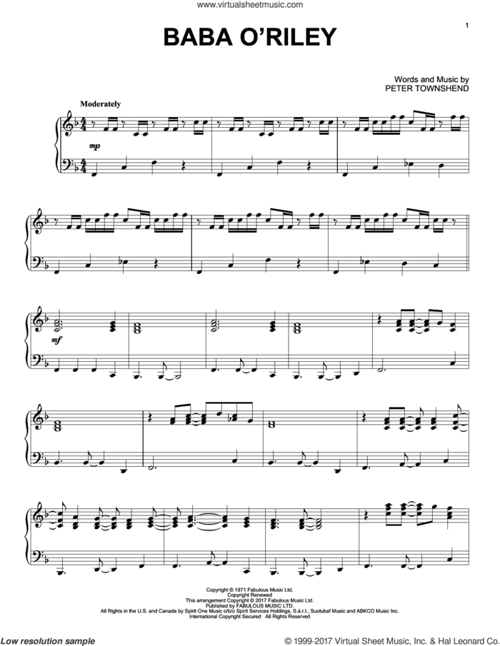 Baba O'Riley sheet music for piano solo by The Who and Pete Townshend, intermediate skill level