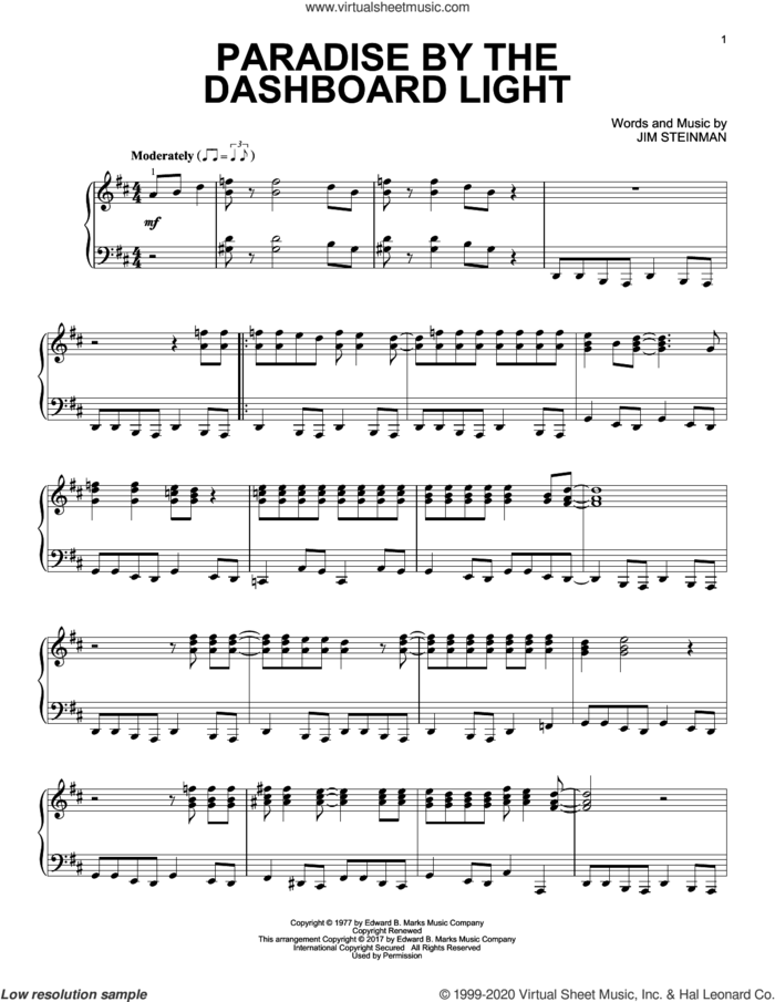 Paradise By The Dashboard Light, (intermediate) sheet music for piano solo by Jim Steinman and Meat Loaf, intermediate skill level