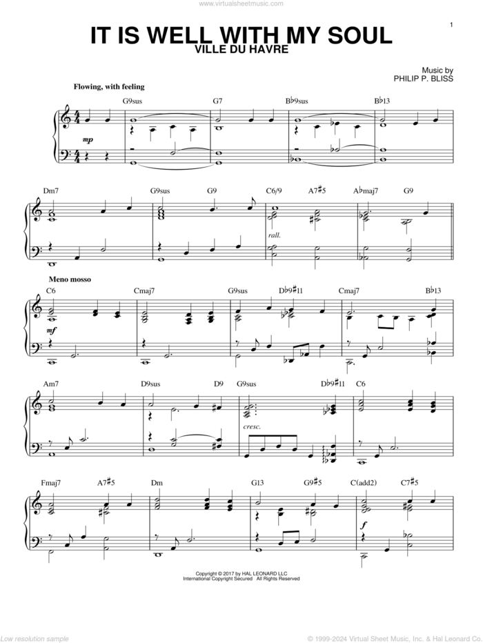 It Is Well With My Soul [Jazz version] (arr. Brent Edstrom) sheet music for piano solo by Philip P. Bliss and Horatio G. Spafford, intermediate skill level