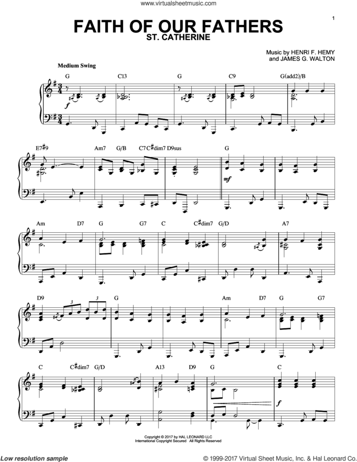 Faith Of Our Fathers [Jazz version] sheet music for piano solo by Henri F. Hemy, Frederick William Faber and James G. Walton, intermediate skill level
