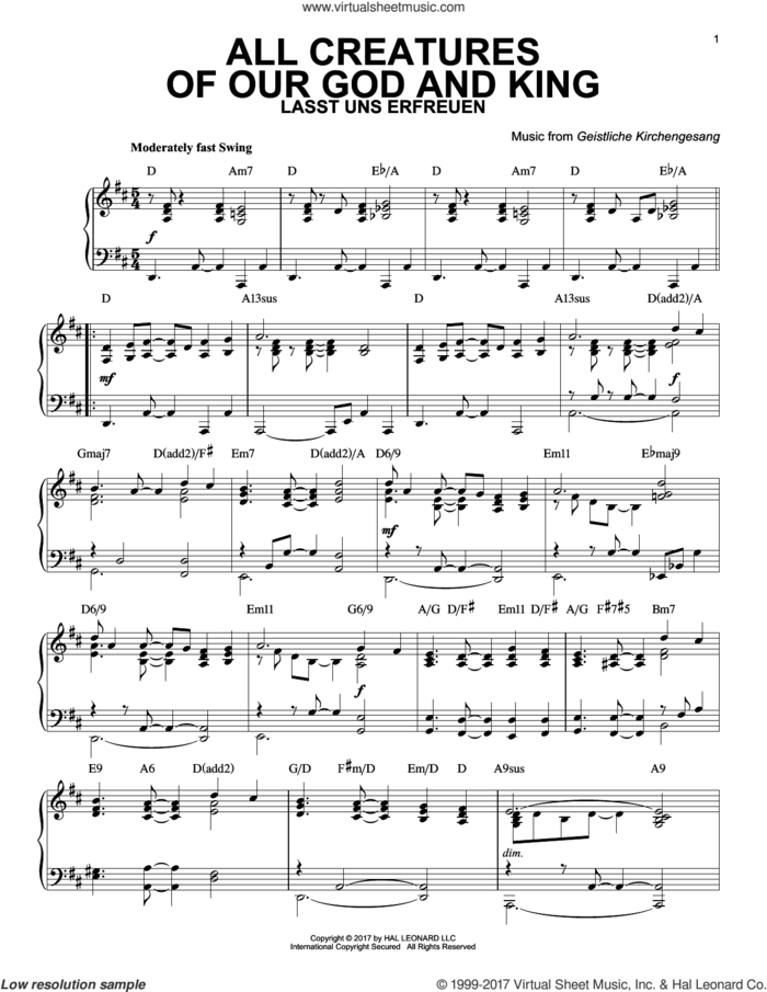 All Creatures Of Our God And King [Jazz version] sheet music for piano solo by Geistliche Kirchengesang, Francis Of Assisi and William Henry Draper, intermediate skill level
