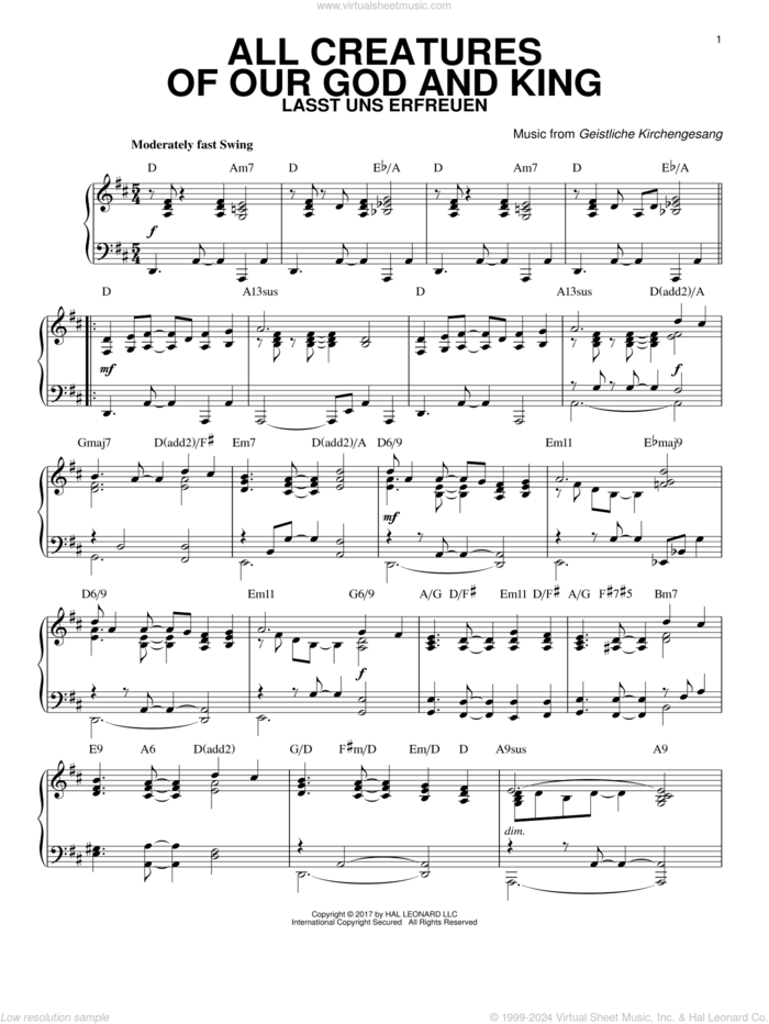 All Creatures Of Our God And King [Jazz version] sheet music for piano solo by Geistliche Kirchengesang, Francis Of Assisi and William Henry Draper, intermediate skill level