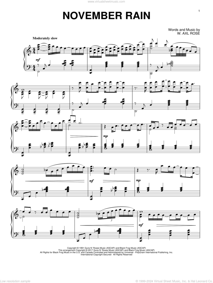 November Rain, (intermediate) sheet music for piano solo by Guns N' Roses and Axl Rose, intermediate skill level