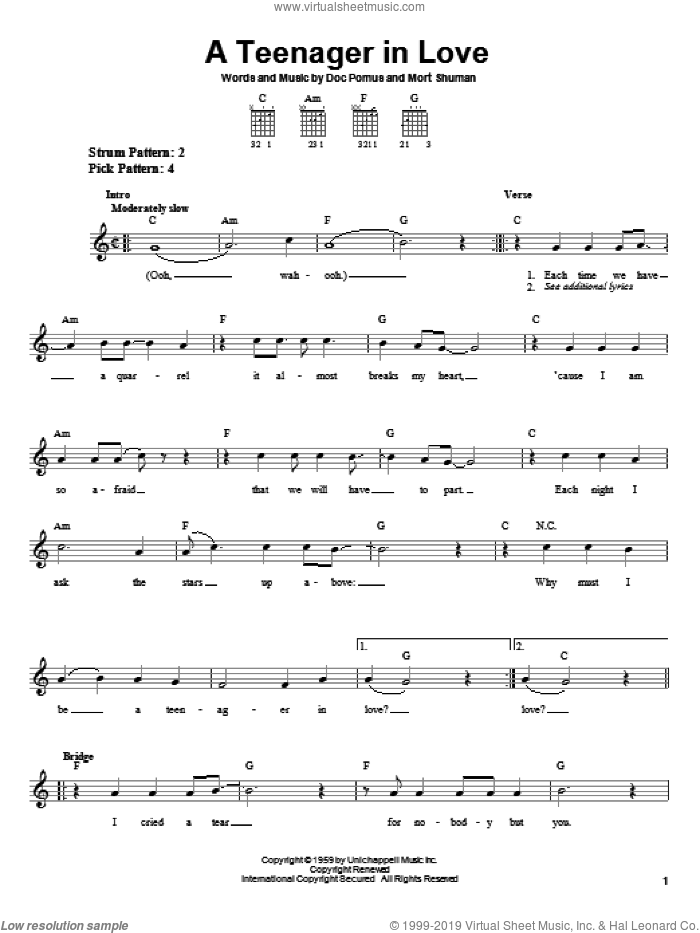 A Teenager In Love sheet music for guitar solo (chords) by Dion & The Belmonts, Doc Pomus, Jerome Pomus and Mort Shuman, easy guitar (chords)