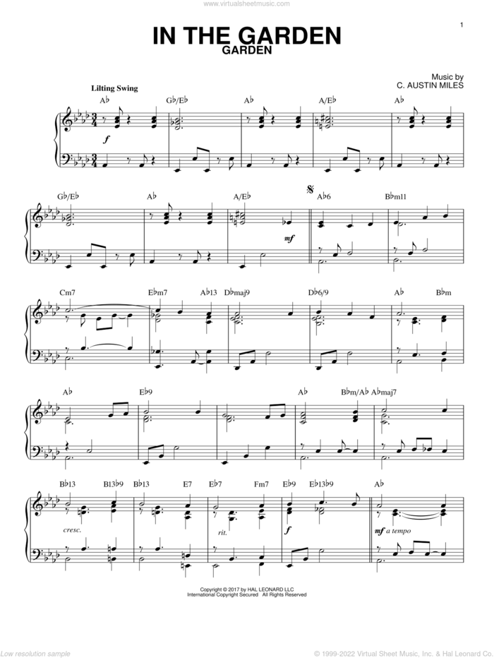 In The Garden [Jazz version] sheet music for piano solo by C. Austin Miles, intermediate skill level