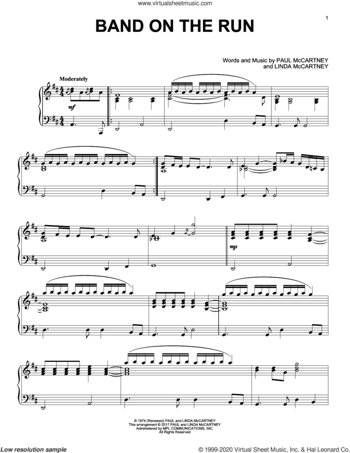 Band On The Run, (intermediate) sheet music for piano solo by Paul McCartney and Wings, Linda McCartney and Paul McCartney, intermediate skill level