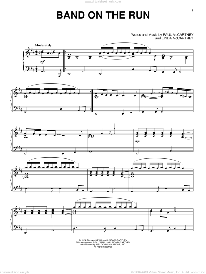 Band On The Run, (intermediate) sheet music for piano solo by Paul McCartney and Wings, Linda McCartney and Paul McCartney, intermediate skill level