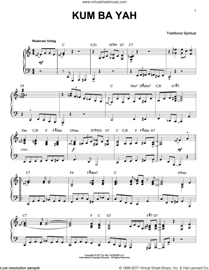 Kum Ba Yah [Jazz version] sheet music for piano solo, intermediate skill level
