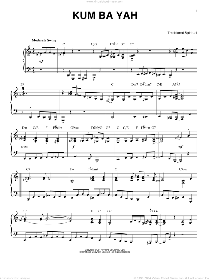 Kum Ba Yah [Jazz version] sheet music for piano solo, intermediate skill level