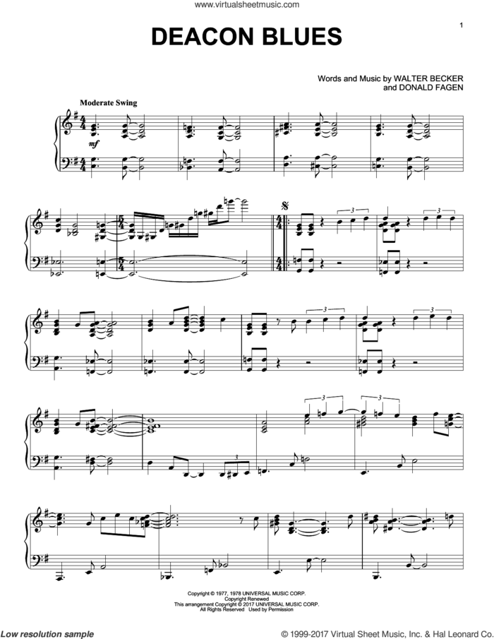 Deacon Blues, (intermediate) sheet music for piano solo by Steely Dan, Donald Fagen and Walter Becker, intermediate skill level