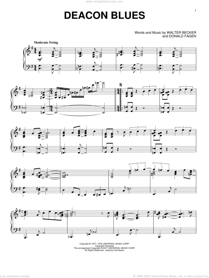 Deacon Blues, (intermediate) sheet music for piano solo by Steely Dan, Donald Fagen and Walter Becker, intermediate skill level