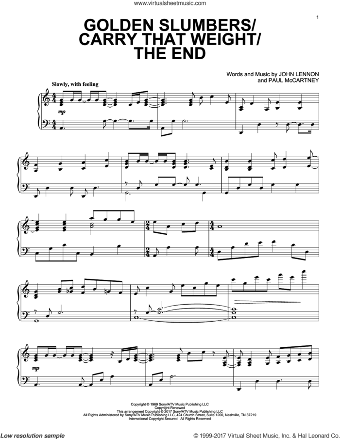 Golden Slumbers/Carry That Weight/The End sheet music for piano solo by Paul McCartney and John Lennon, intermediate skill level