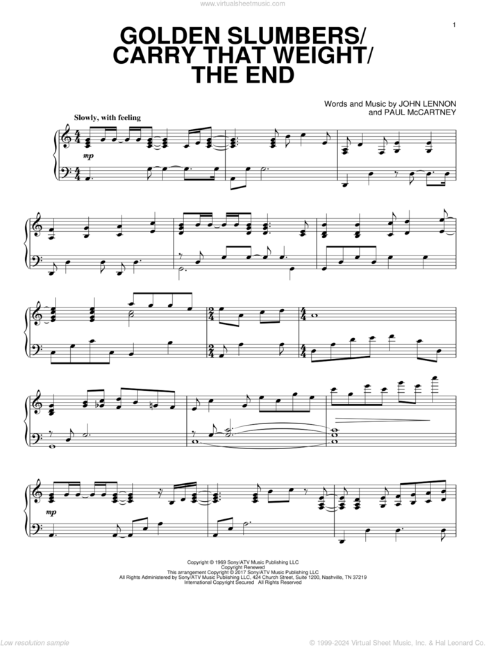 Golden Slumbers/Carry That Weight/The End sheet music for piano solo by Paul McCartney and John Lennon, intermediate skill level