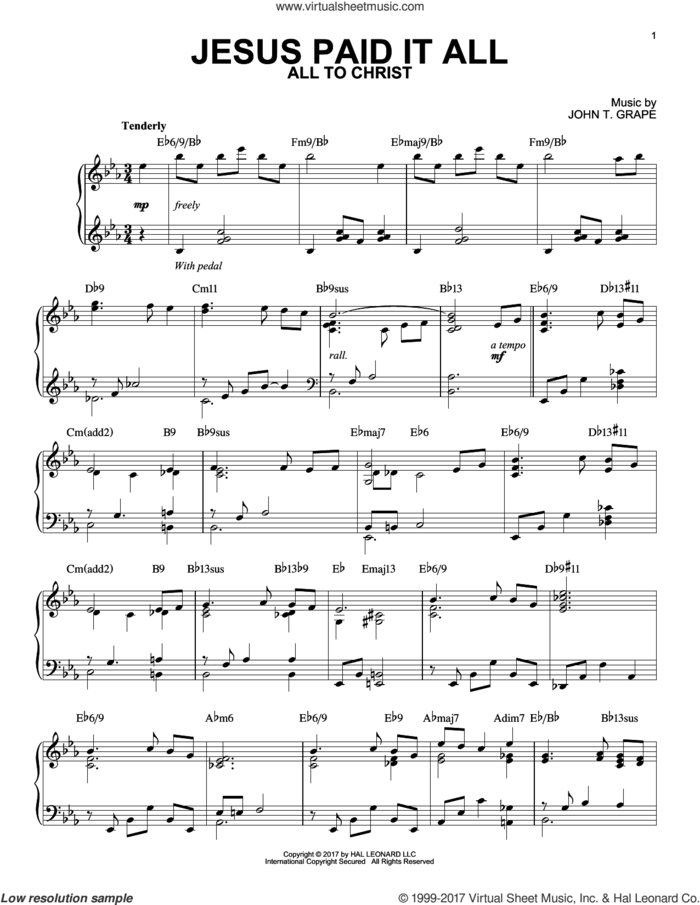 Jesus Paid It All [Jazz version] sheet music for piano solo by John T. Grape and Elvina M. Hall, intermediate skill level