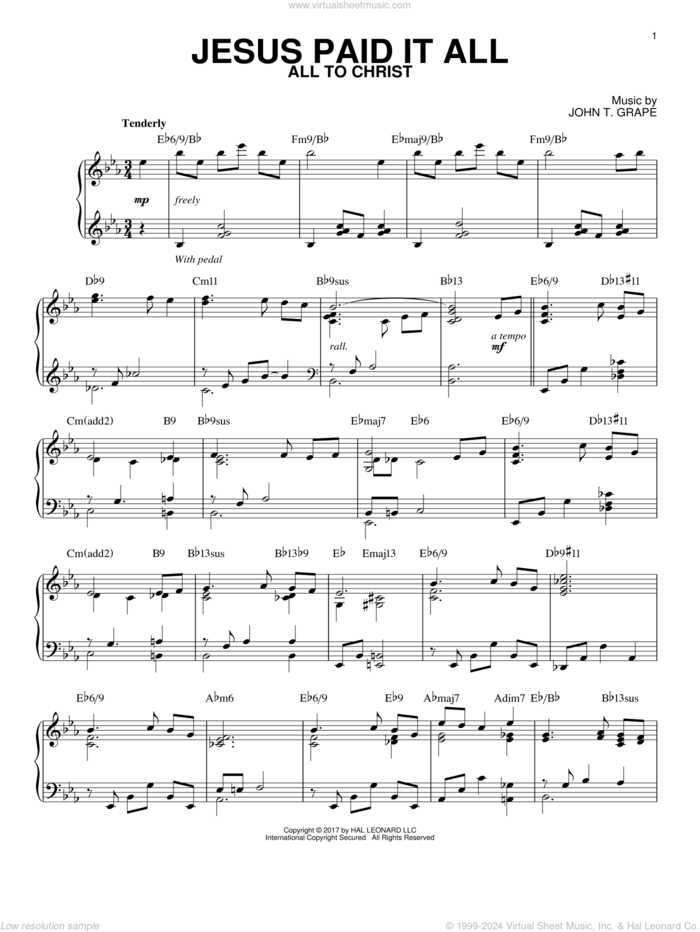 Jesus Paid It All [Jazz version] sheet music for piano solo by John T. Grape and Elvina M. Hall, intermediate skill level