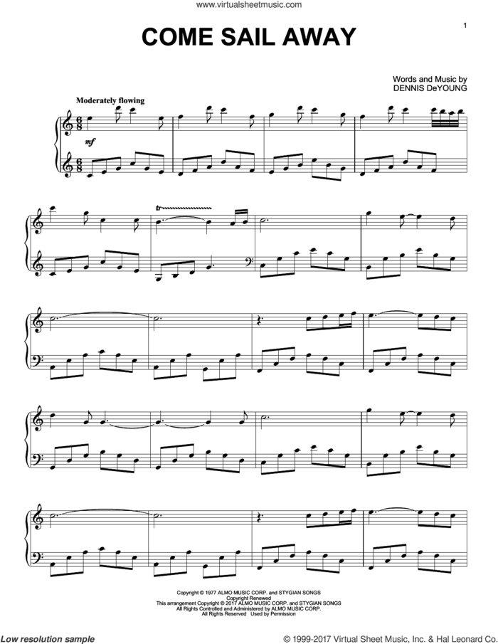 Come Sail Away sheet music for piano solo by Styx and Dennis DeYoung, intermediate skill level