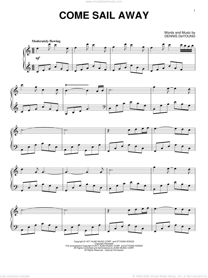 Come Sail Away sheet music for piano solo by Styx and Dennis DeYoung, intermediate skill level