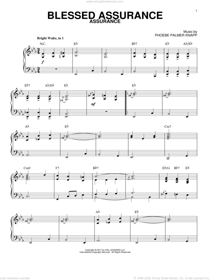 Blessed Assurance [Jazz version] sheet music for piano solo by Fanny J. Crosby and Phoebe Palmer Knapp, intermediate skill level