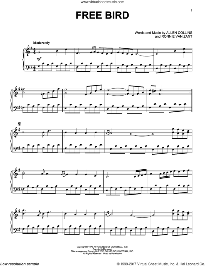 Free Bird, (intermediate) sheet music for piano solo by Lynyrd Skynyrd, Allen Collins and Ronnie Van Zant, intermediate skill level