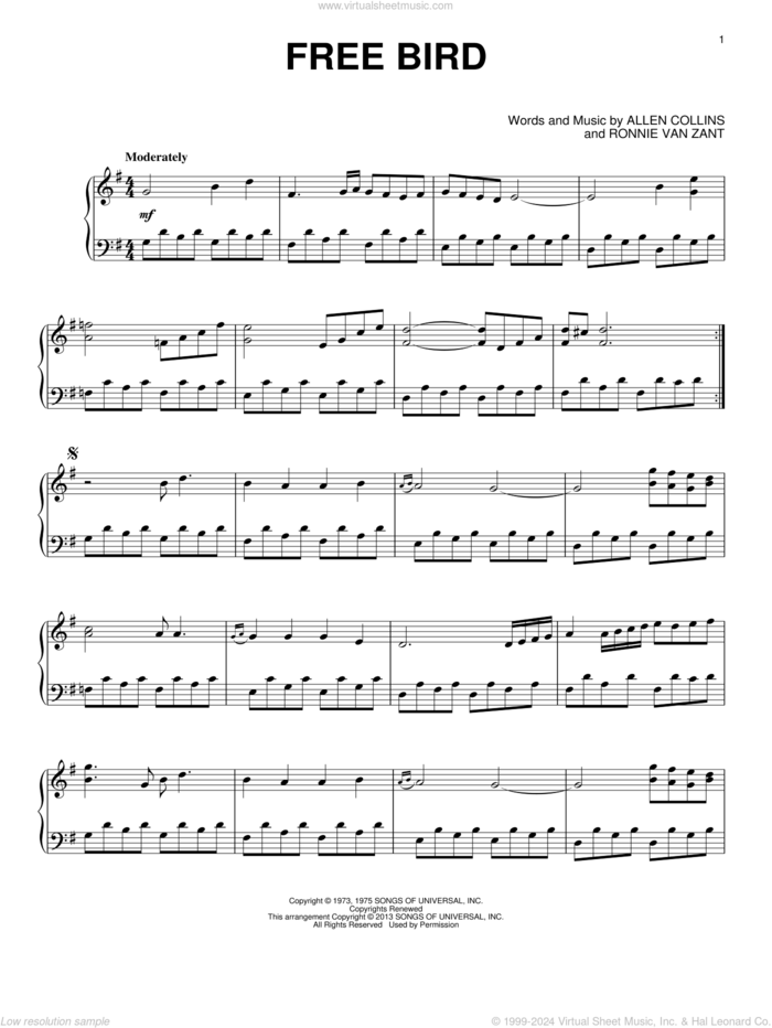 Free Bird, (intermediate) sheet music for piano solo by Lynyrd Skynyrd, Allen Collins and Ronnie Van Zant, intermediate skill level