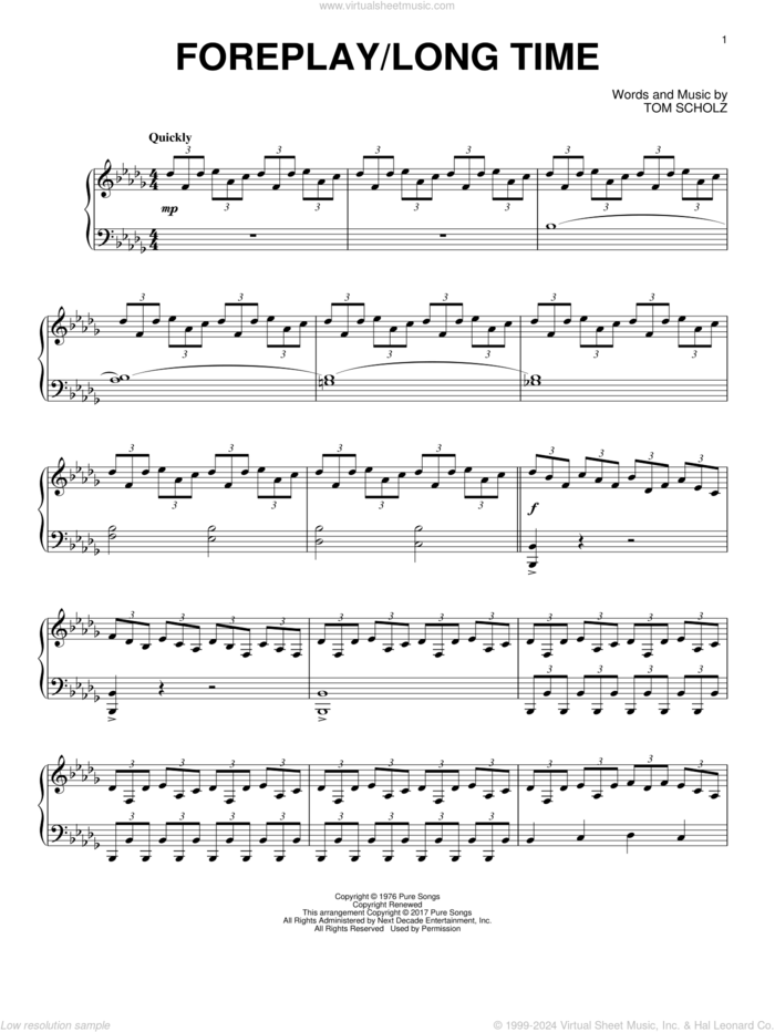 Foreplay/Long Time (Long Time) sheet music for piano solo by Boston and Tom Scholz, intermediate skill level